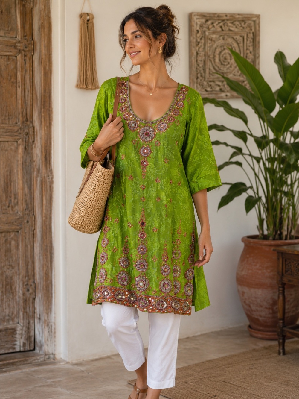 Handmade Lime Green Embroidered Tunic Dress Boho Festival Indie‎ Ethnic Kurta